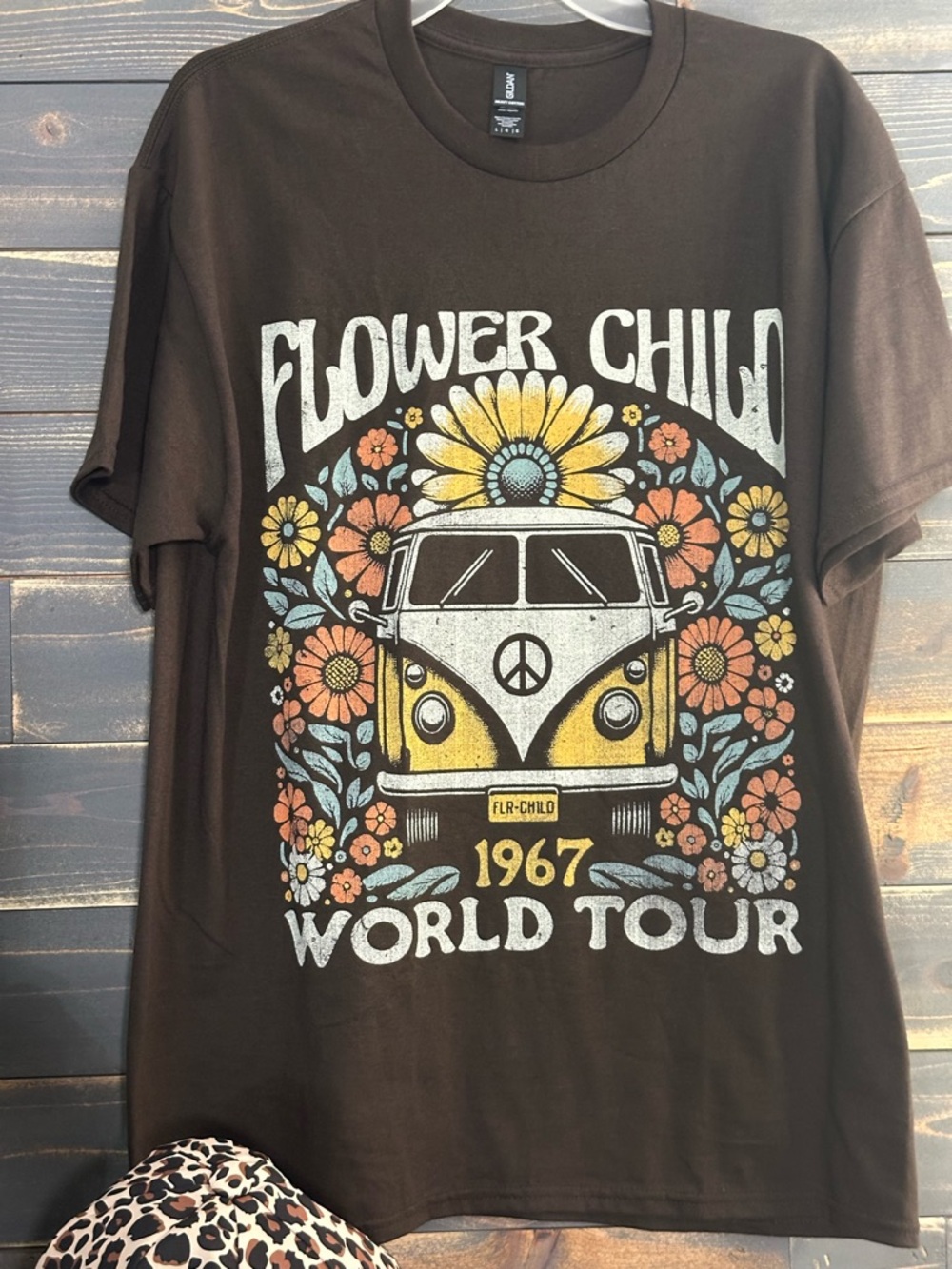 NWOT Brown 'Flower Child 1967 World Tour' Graphic Tee with Yellow & Blue